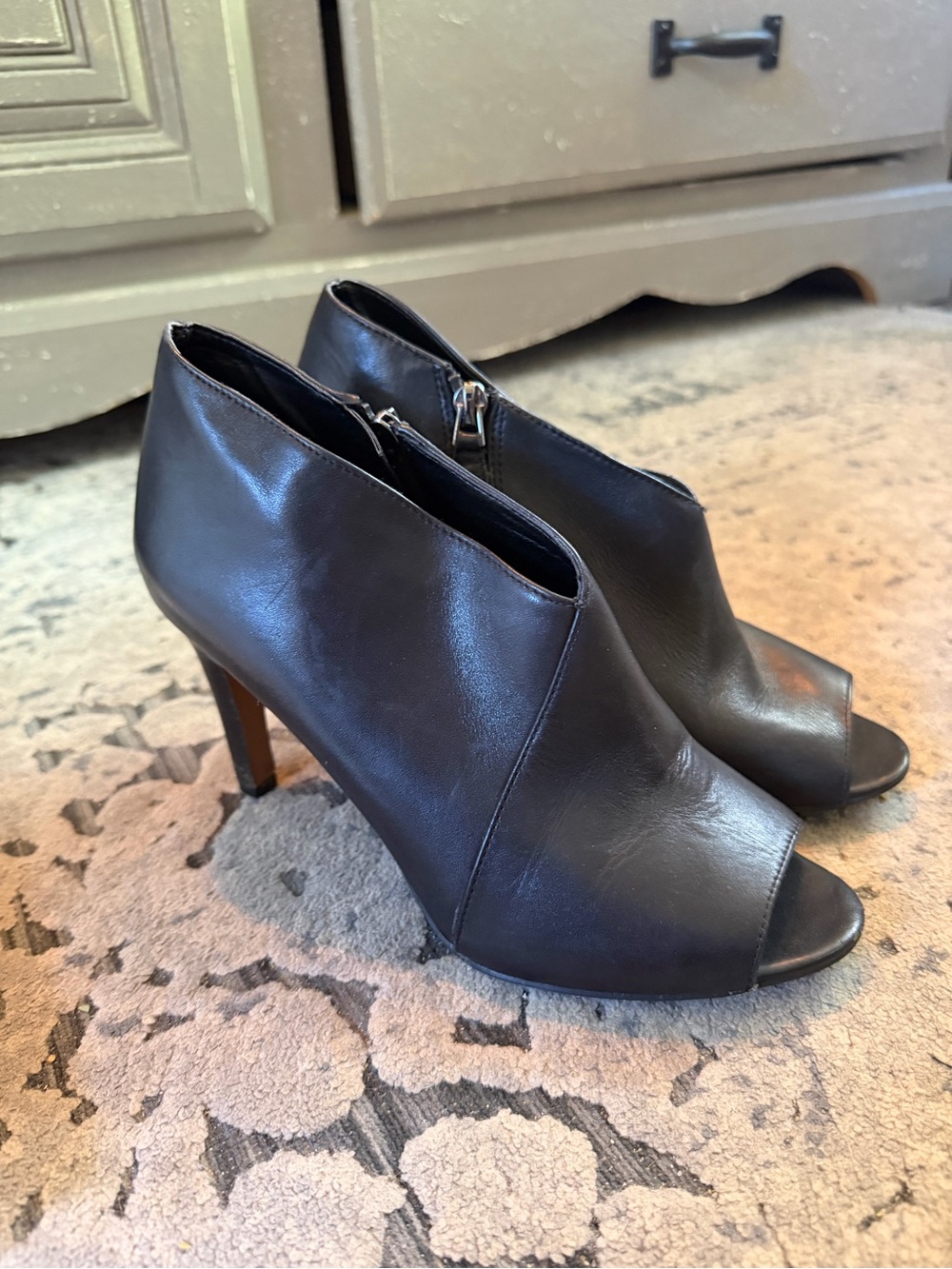Franco Sarto Black Leather Peep-Toe High-Heel Booties